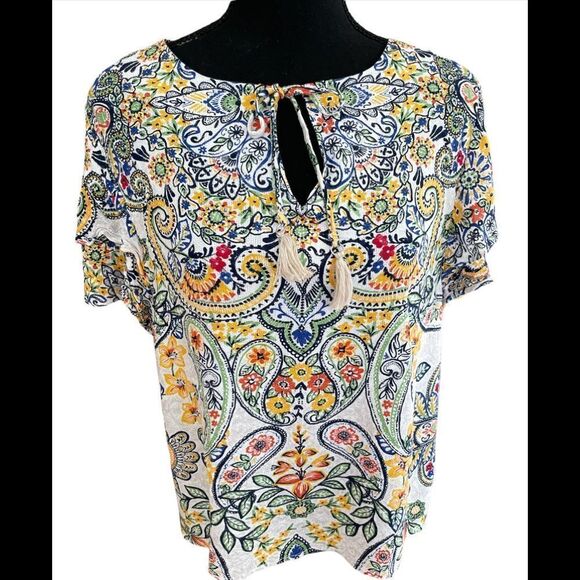 Rafaella colorful print blouse with double flutter sleeves,  keyhole tassel tie - Picture 5 of 8